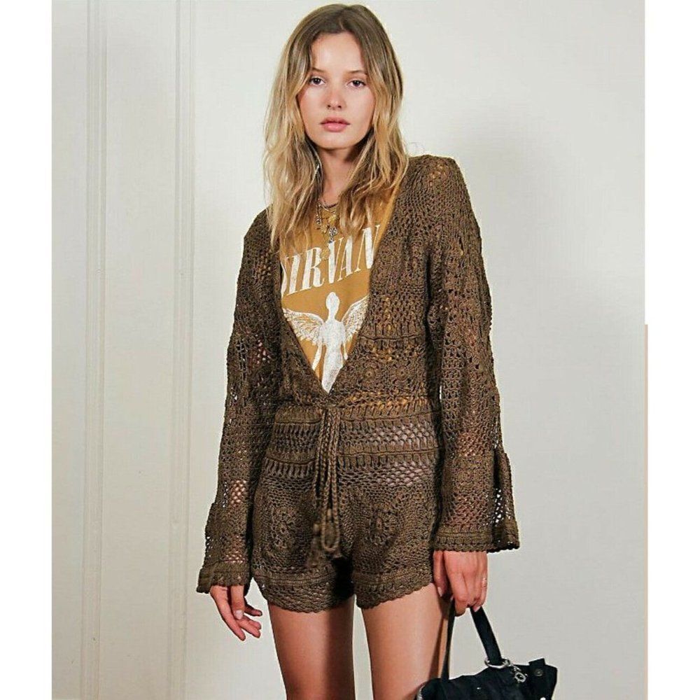 NWT FREE PEOPLE X FLOOK Sz S CAMELIA CROCHET PLAYSUIT ROMPER ONE PIECE BROWN